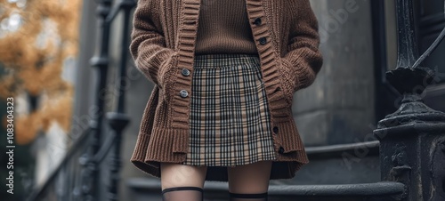 An autumn outfit featuring a cozy cardigan layered over a turtleneck, paired with a plaid skirt and tights, ideal for a comfortable yet fashionable look photo