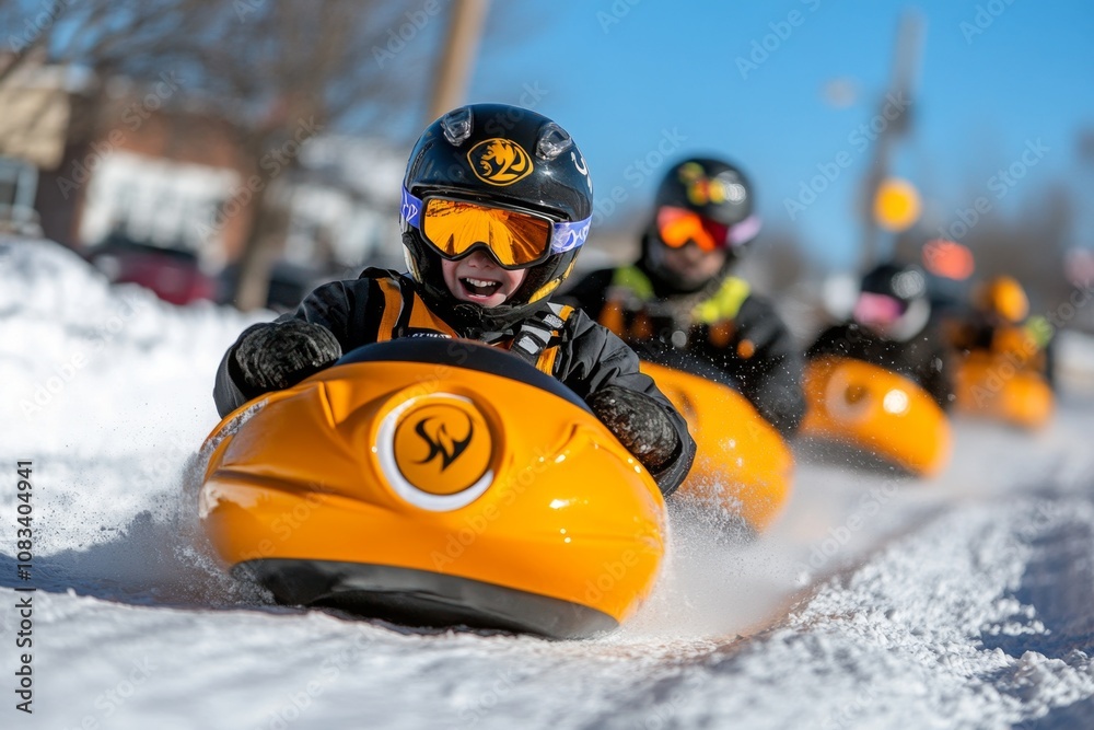 Naklejka premium Friends racing each other on sleds down a hill, creating a playful and competitive atmosphere