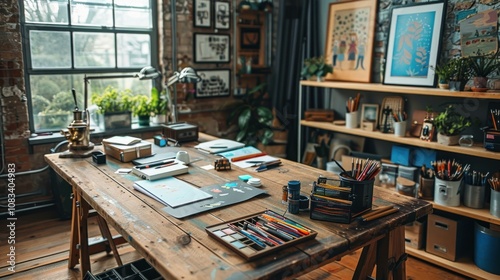 A creative workspace in a home office with a large wooden desk, art supplies, and design tools, perfect for a creative professional working from home photo