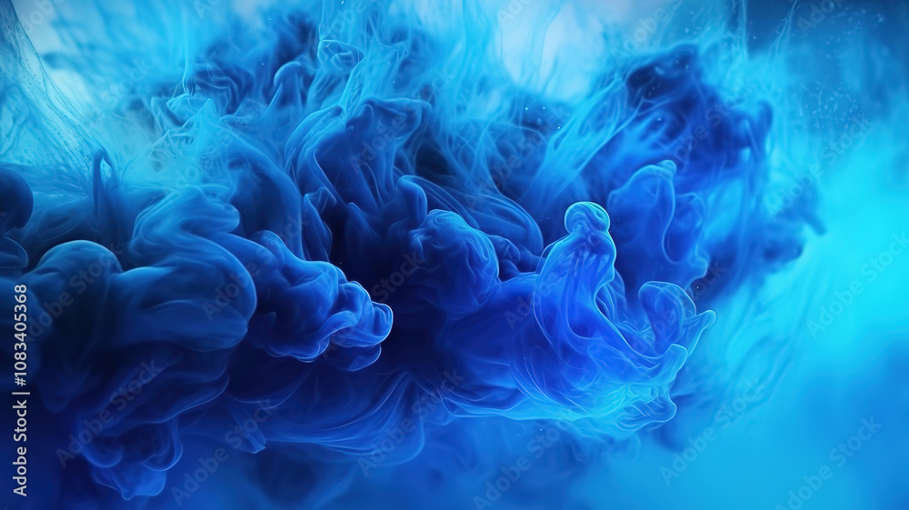 Obraz premium Gorgeous Acrylic paint splash. Blue color glowing glitter fog wave on black abstract art background
