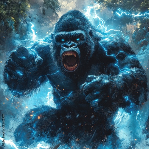 A powerful gorilla with glowing blue eyes, surrounded by lightning and smoke. photo