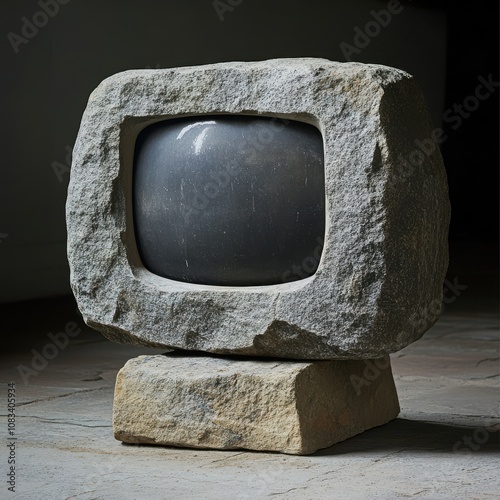 A stone sculpture of a vintage television set. photo