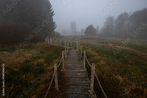 A wooden walkway or pier leads through a nature reserve in thick fog. Landscape shot in the middle of nature in autumn. Baldenau castle ruins, Morbach, Hunsrück, Rhineland Palatinate photo