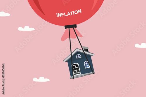 Rising house prices, real estate inflation. The house floats in the sky with an inflation balloon vector illustration design background