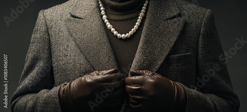 A regal Old Money outfit with a wool coat layered over a turtleneck, paired with tailored trousers and loafers, finished with a pearl necklace and leather gloves photo