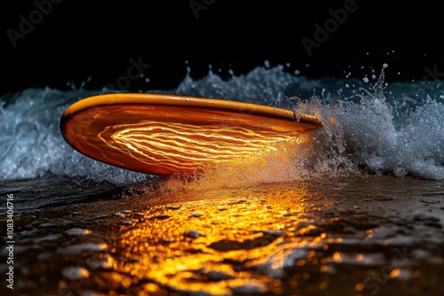 Magical skimboard leaving trails of glowing light on a nighttime beach, mystical and ethereal photo