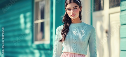 A classic preppy look with a pastel-colored cable-knit sweater, pleated skirt, and loafers, finished with a headband for a polished collegiate style photo