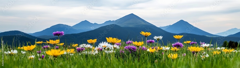 Fototapeta premium Field of mixed wildflowers in shades of yellow, purple, and white, spread out against a backdrop of distant mountains, creating a colorful, springtime landscape