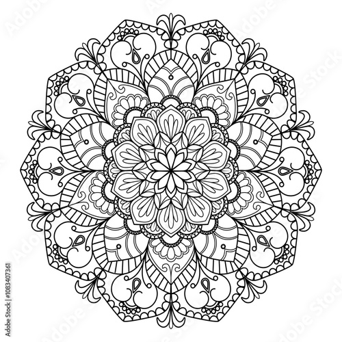 Printable mandala for book - coloring.Black and white labels with flower patterns, hand draw in mehndi style. Sketch of ornaments for creativity of children and adults with colored pencils.