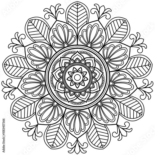 Printable mandala for book - coloring.Black and white labels with flower patterns, hand draw in mehndi style. Sketch of ornaments for creativity of children and adults with colored pencils.