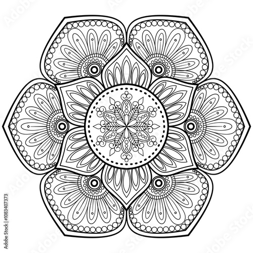 Printable mandala for book - coloring.Black and white labels with flower patterns, hand draw in mehndi style. Sketch of ornaments for creativity of children and adults with colored pencils.
