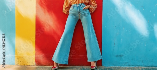 A retro outfit with high-waisted wide-leg jeans, a tucked-in striped blouse, and platform heels, capturing the essence of 1970s fashion photo