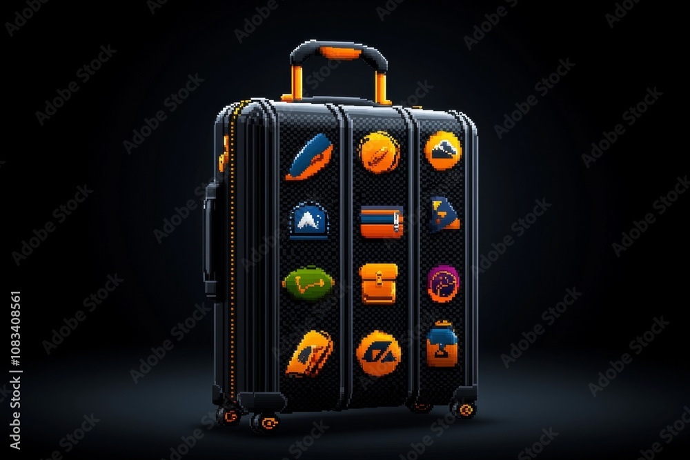 Naklejka premium Pixel art of a suitcase with colorful travel stickers, in retro 8-bit style, representing travel essentials