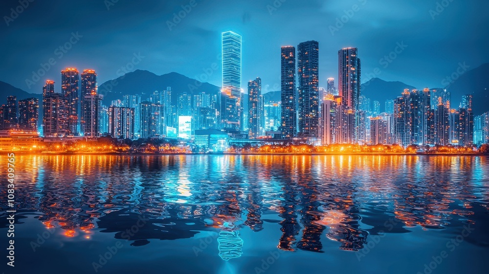 Fototapeta premium Stunning Night View of a Vibrant Urban Skyline Reflected in Water with Brilliant Lights Illuminating Tall Buildings and Mountains in the Background