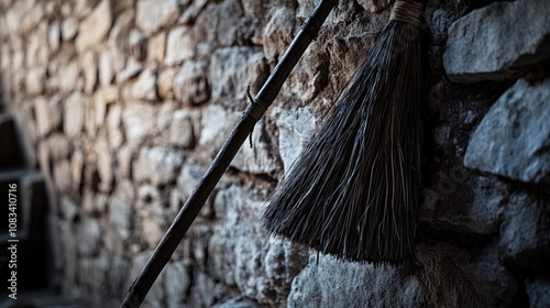 A Hand-Made Broom Leaning Against a Stone Wall photo