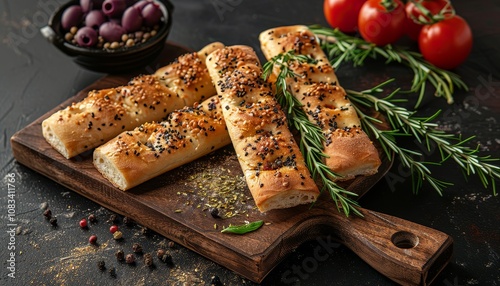 Four golden-brown breadsticks with sesame seeds, olives, rosemary, and tomatoes on a wooden cutting board. photo