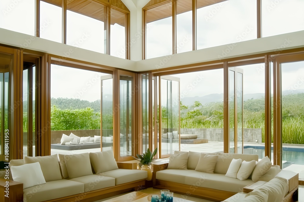 Fototapeta premium 開放的な窓が魅力のリビングとプール付きのラグジュアリーホーム | Spacious Living Room with Large Windows and Pool in a Luxury Home