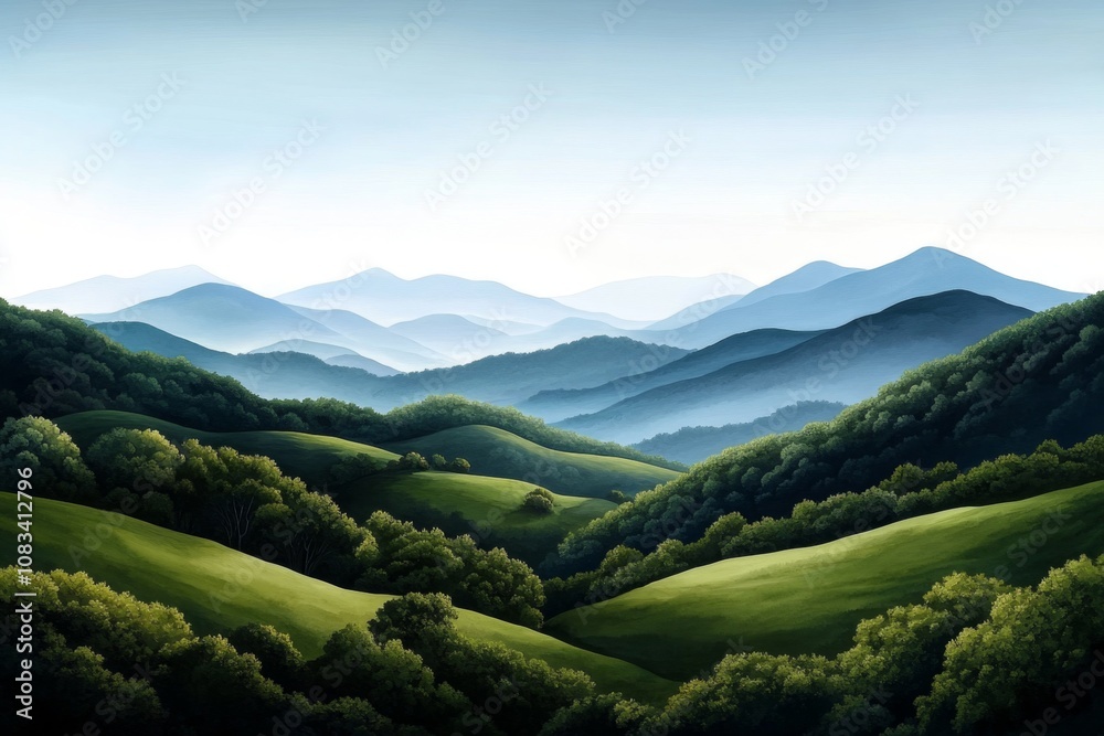 Obraz premium Watercolor of rolling hills with soft green and blue tones, calm and scenic landscape