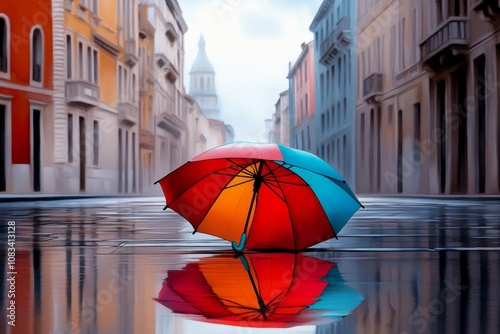 Watercolor painting of a vibrant umbrella in a rainy city, soft hues and a gentle, rainy atmosphere