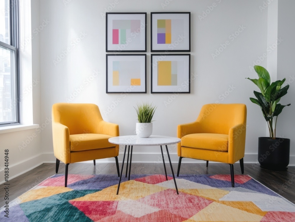 Fototapeta premium Modern living room setup urban apartment interior design cozy atmosphere wide angle minimalist aesthetic