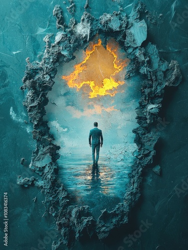 A surreal scene featuring a figure standing in water, framed by a textured border, gazing at a vibrant, fiery sky beyond.