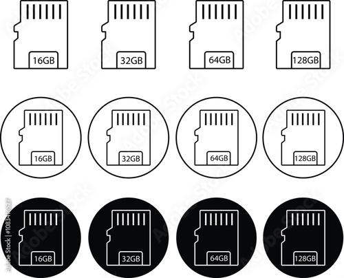 Memory card icons set in trendy black line styles. Design can use for web and mobile app. Data storage vectors. Micro SD memory storage multimedia card and adapter isolated on transparent background.