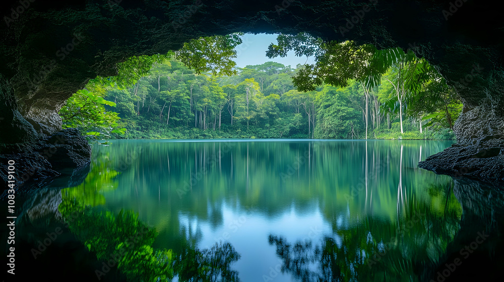 Obraz premium Serene Lake View from Cave Illustration