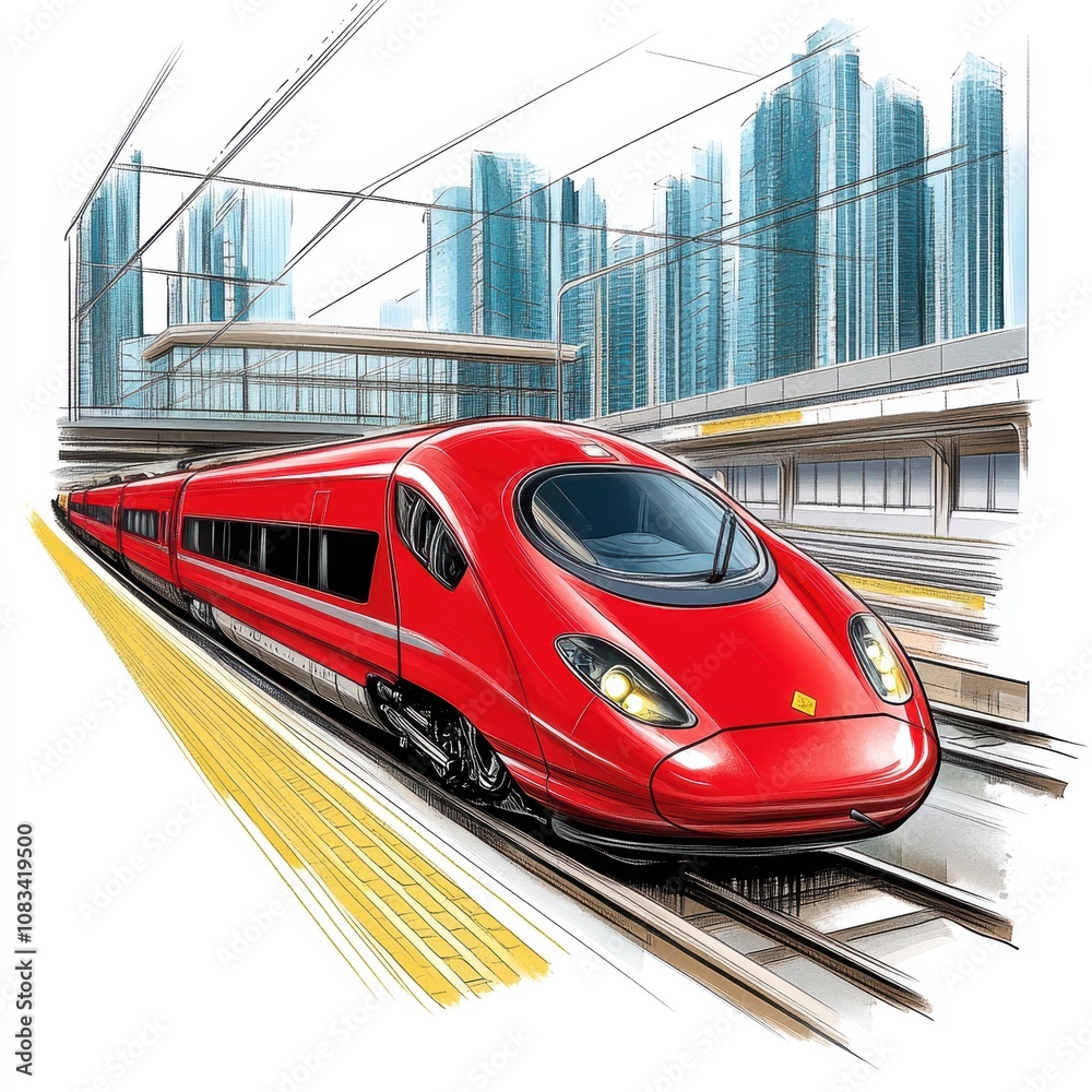 Fototapeta premium High Speed Red Train Illustration Modern Cityscape Background
