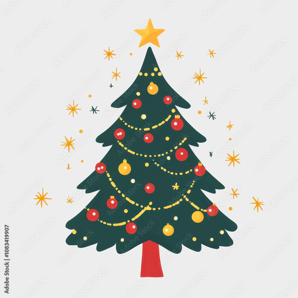 Fototapeta premium Festive Christmas Tree Illustration with Colorful Ornaments and Star, Perfect for Holiday Season Decorations and Seasonal Celebrations