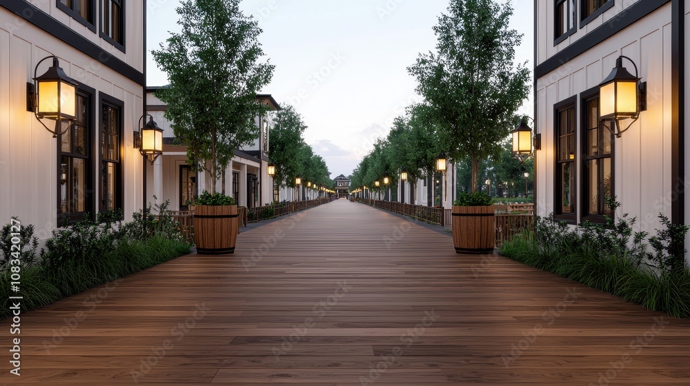 Fototapeta premium Serene Walkway between Modern Buildings with Lush Greenery and Elegant Street Lamps in a Tranquil Outdoor Environment at Dusk