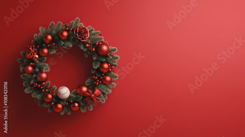 Festive Christmas Wreath Decorated with Red Baubles and Green Leaves on a Vibrant Red Background Perfect for Holiday Celebrations and Seasonal Decorations