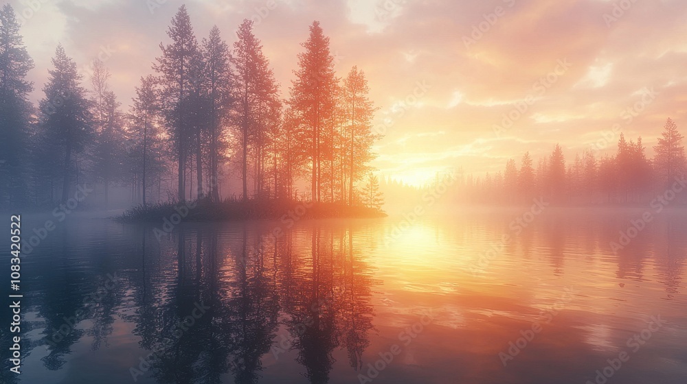 Fototapeta premium Serene Sunrise Over Misty Lake with Silhouetted Pine Trees and Soft Color Palette Reflecting on Calm Water Surface in Tranquil Nature Scene