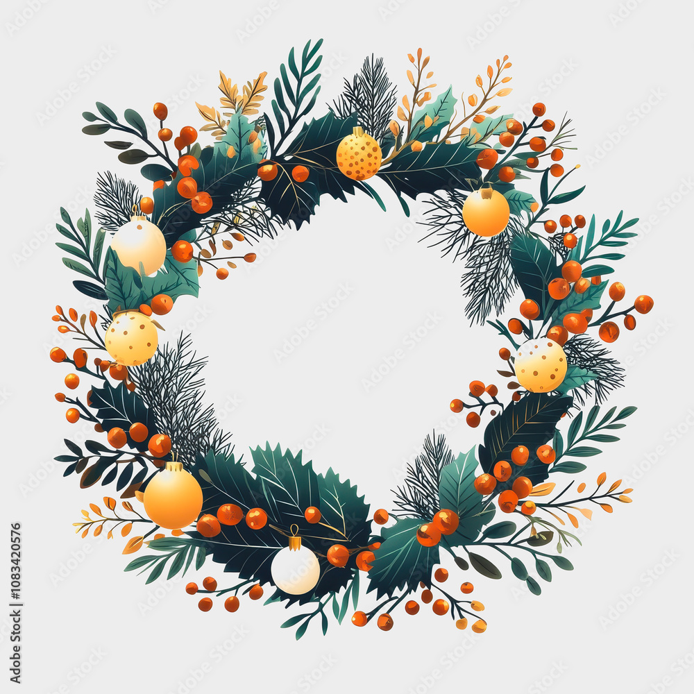 Naklejka premium Elegant and Festive Holiday Wreath with Oranges, Berries, and Evergreen Foliage for a Vibrant Seasonal Decor Display in a Minimalistic Style