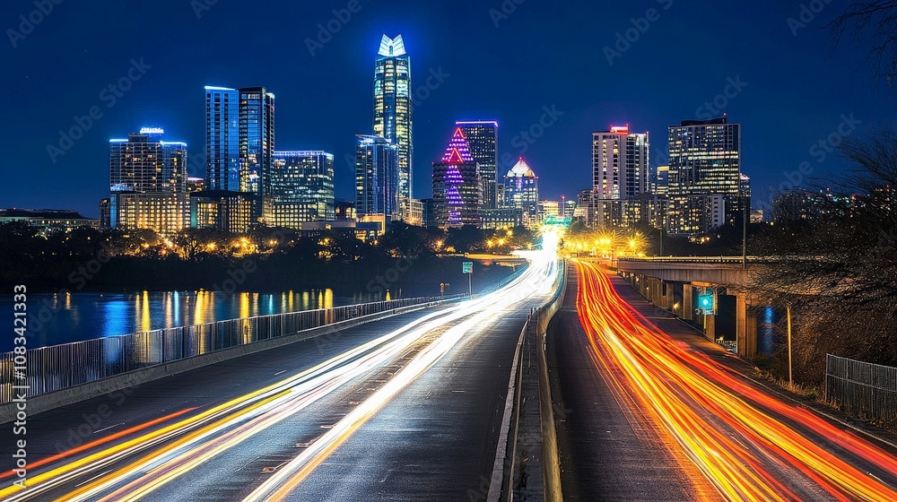 Fototapeta premium Bright City Lights in a Business District at Night