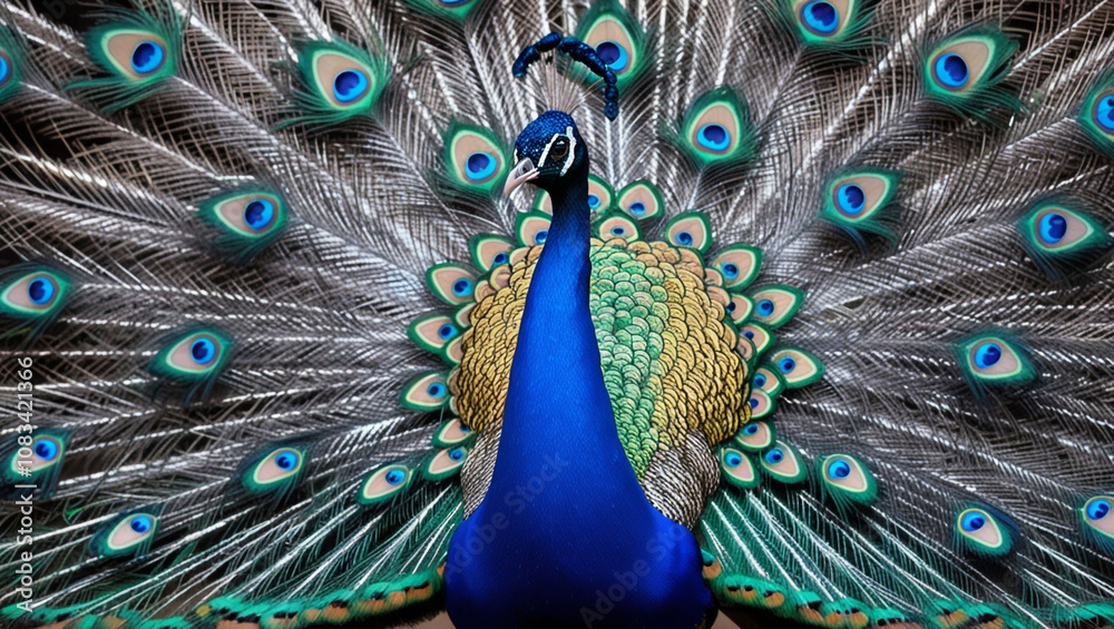 Obraz premium proud blue peacock with beautiful feather tail. beautiful peacock emerald blue sapphire created with generative ai