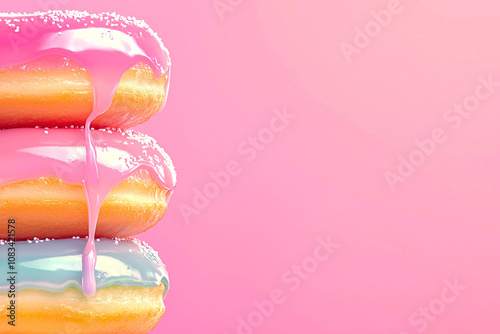 Sweet cravings, stacked donuts dripping with vibrant glaze, close-up macro shot, high-calorie snack obsession photo