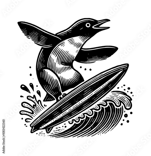 penguin surfing board engraving black and white outline