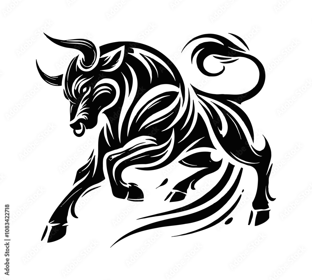 Obraz premium bull run charge engraving black and white outline