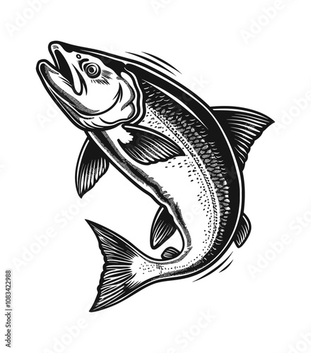 salmon fish engraving black and white outline