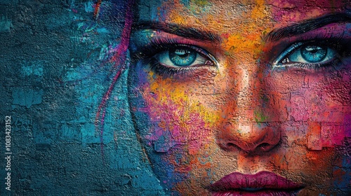 Vivid Close-Up of a Woman's Face Adorned with Colorful Graffiti Art Illustrating Urban Style and Creative Expression in an Eye-Catching Portrait