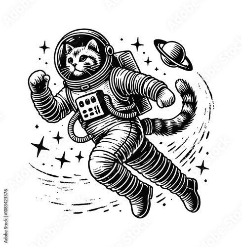 cat astronaut suit engraving black and white outline