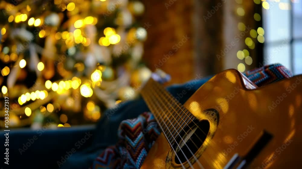 Christmas at home. gift , classical guitar on sofa, reflection of lights, hobby and music. New Year decor, Christmas, light outside the window, holiday mood, close up. Vintage