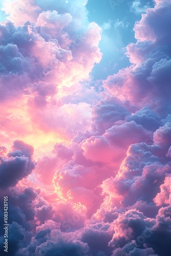 Pink and Blue Sky with Fluffy Clouds photo