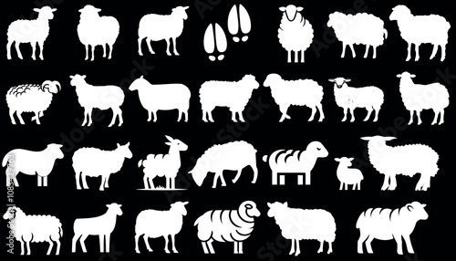 Sheep silhouette collection, hoof prints, and distinct wool patterns on black, lamb vector set for farm theme designs, agriculture concepts, and animal illustrations