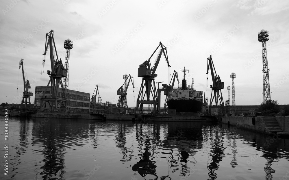 Obraz premium Silhouettes of portal cranes of Varna port, Bulgaria. Black and white