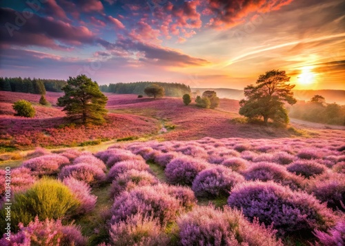 Stunning Architectural Photography of Blooming Heather Fields at Posbank, Netherlands, Capturing Sunrise Over Purple Pink Heather in Holland's Nationaal Park Veluwezoom photo