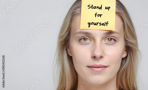 On copy space background, woman with stick note on forehead written Stand up for yourself - assertiveness ability to express opinions and needs in calm and open way -having boundaries and be assertive