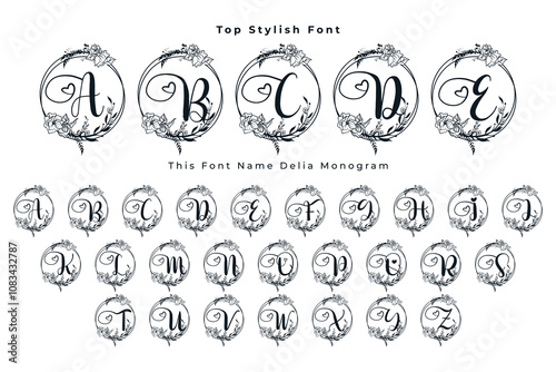 This Font Name Delia Monogram. Beautiful delicate alphabet and vintage style Font. For wedding invitations, cards, decoration.