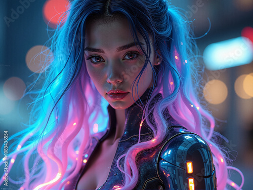 Image of a Sci-fi girl with dramatic wavy pink hair that covers part of her face. Ai image generated. photo