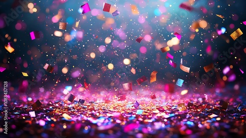 Celebration confetti shower festive event colorful background party atmosphere upward perspective photo